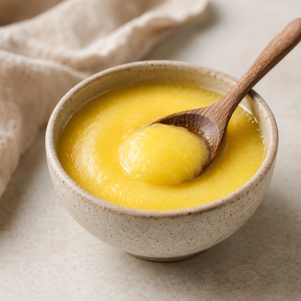 bol de ghee et cuillère en bois